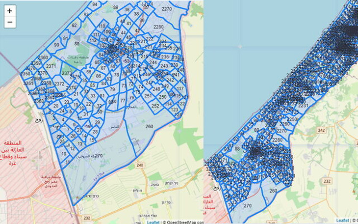 Bản đồ do IDF công bố chia Dải Gaza thành hàng trăm khu vực và sẽ sử dụng để thông báo cho dân thường Palestine về các khu vực chiến sự - Ảnh: TIMES OF ISRAEL
