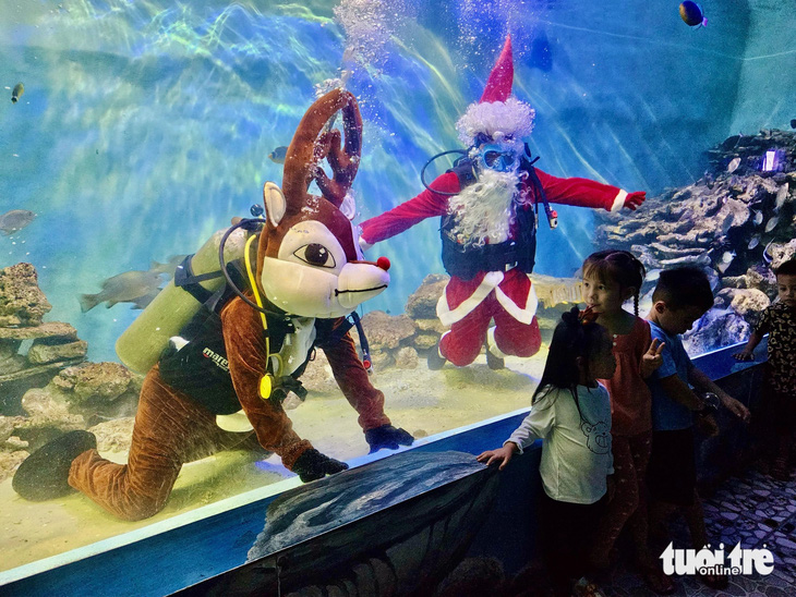 Các em nhỏ thích thú khi chụp ảnh cùng với ông già Noel, tuần lộc dưới nước