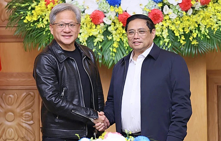 Thủ tướng Phạm Minh Chính tiếp ông Jensen Huang, chủ tịch Tập đoàn Nvidia (Mỹ), ngày 10-12 - Ảnh: TTXVN