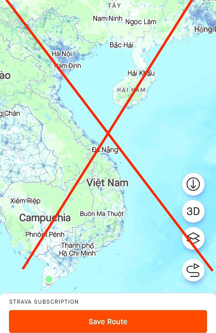 Ảnh chụp màn hình bản đồ số trên ứng dụng Strava không có 2 quần đảo Trường Sa và Hoàng Sa của Việt Nam - Ảnh do PV Tuổi Trẻ chụp khi đăng nhập ứng dụng sáng 25-12.
