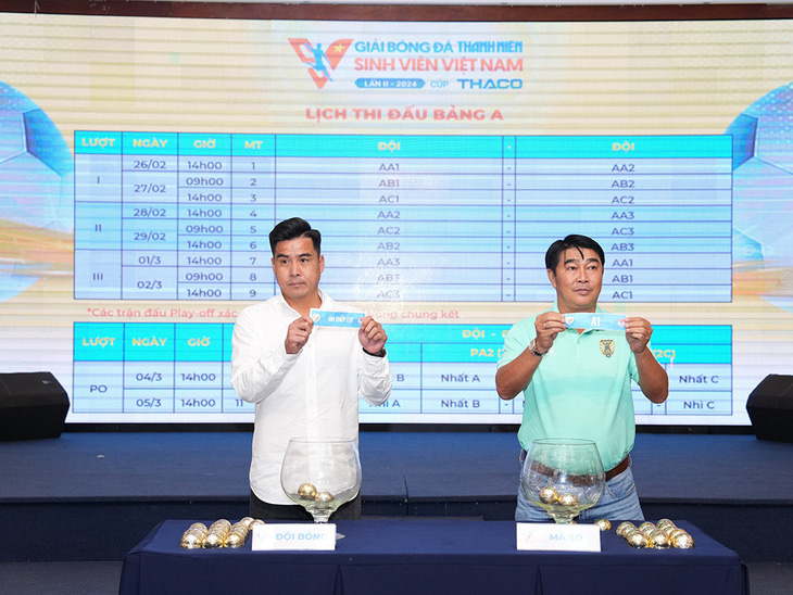 Cựu tuyển thủ Việt Thắng (trái) bốc thăm chia bảng vòng loại - Ảnh: ĐÌNH VIÊN