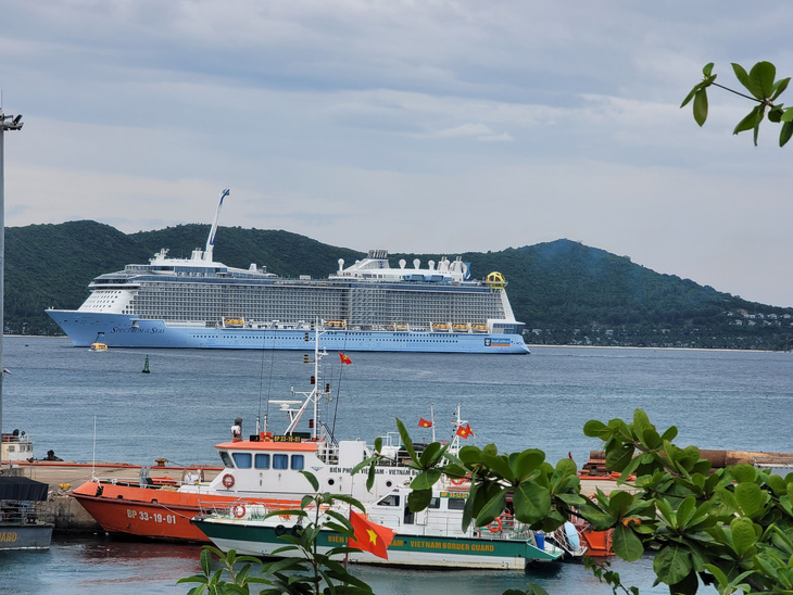 Các tàu khách du lịch quốc tế quá lớn không thể cập cảng, nên phải neo ngoài vịnh và trung chuyển khách bằng phương tiện thủy vào cảng Nha Trang - Ảnh: TRẦN HƯỚNG