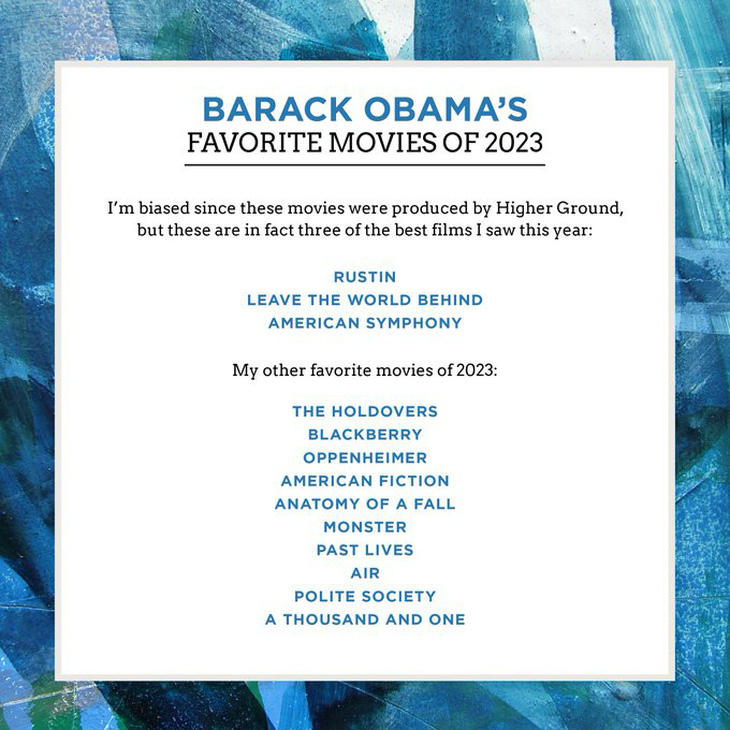 Danh sách đầy đủ những bộ phim Barack Obama tâm đắc trong năm 2023 - Ảnh: X của Barack Obama