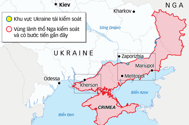 Ukraine đang chuyển về thế phòng thủ dọc chiến tuyến hình lưỡi liềm ở miền đông và nam - Ảnh: ISW - Việt hóa: NHẬT ĐĂNG - Đồ họa: TẤN ĐẠT