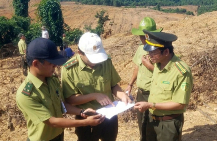 Ông Tý (bìa phải) đi kiểm tra vụ phá rừng báo Tuổi Trẻ phản ánh khi đang đương chức chi cục trưởng Kiểm lâm Quảng Trị - Ảnh: Q.NAM