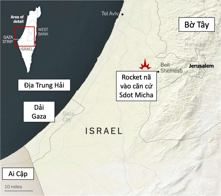 Sơ đồ rocket của Hamas bắn trúng khu vực căn cứ Sdot Micha của Israel - Dữ liệu: NYT, Việt hóa: MINH KHÔI