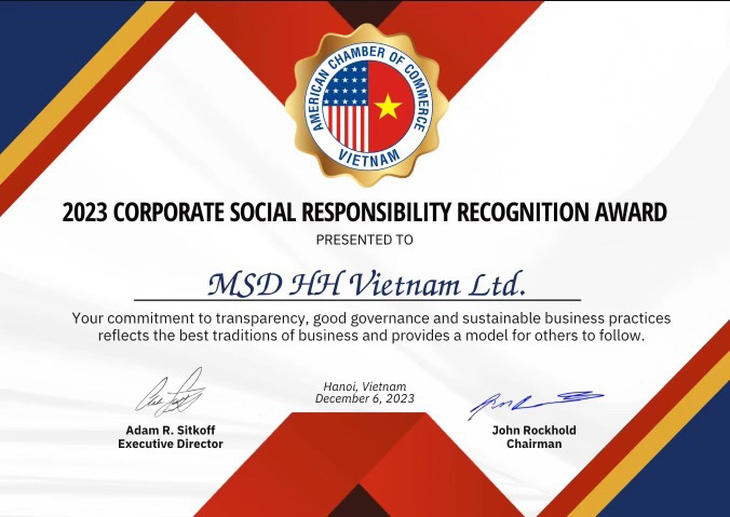 MSD Việt Nam vinh dự được Hiệp hội Thương mại Hoa Kỳ tại Việt Nam trao Giải thưởng ESG vì cam kết minh bạch, quản trị doanh nghiệp tốt và thực hành kinh doanh bền vững.