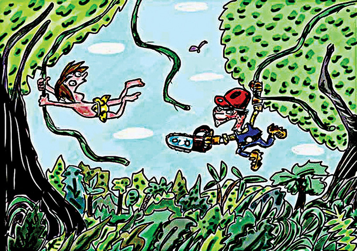 Tarzan thế kỷ 21 bị… lâm tặc truy đuổi - tranh của Evzen David, họa sĩ người Czech.