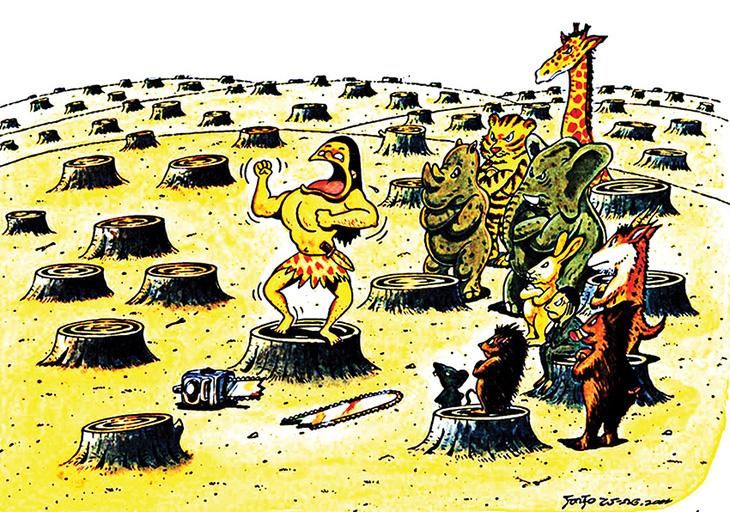 Tiếng thét tuyệt vọng của Tarzan và các bạn thú rừng trước… lưỡi cưa máy - tranh của Arif Sutristanto, họa sĩ Indonesia.