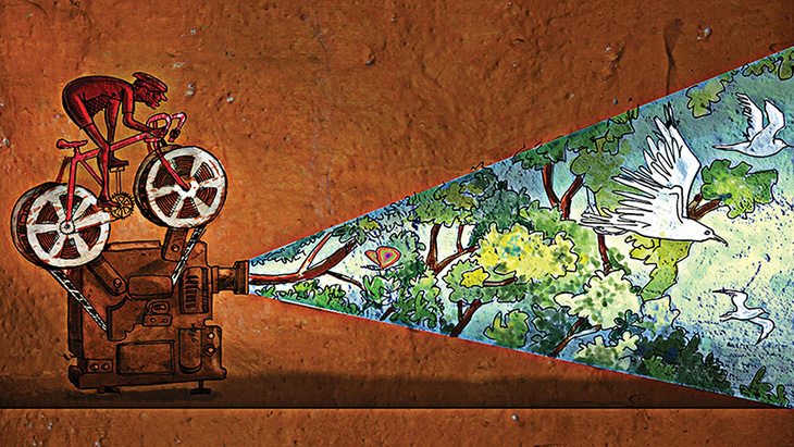 Tarzan đạp xe để… chiếu lại phim rừng xưa - tranh của Xavier Bonilla, họa sĩ Ecuador.