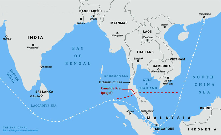 Phương án kênh đào Kra so với phương án đi qua eo Malacca hiện tại. Ảnh: Thailand-fr