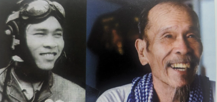Hình ảnh phi công Nguyễn Văn Bảy thời trẻ và lúc già được in trong sách - Ảnh chụp lại: LINH ĐOAN