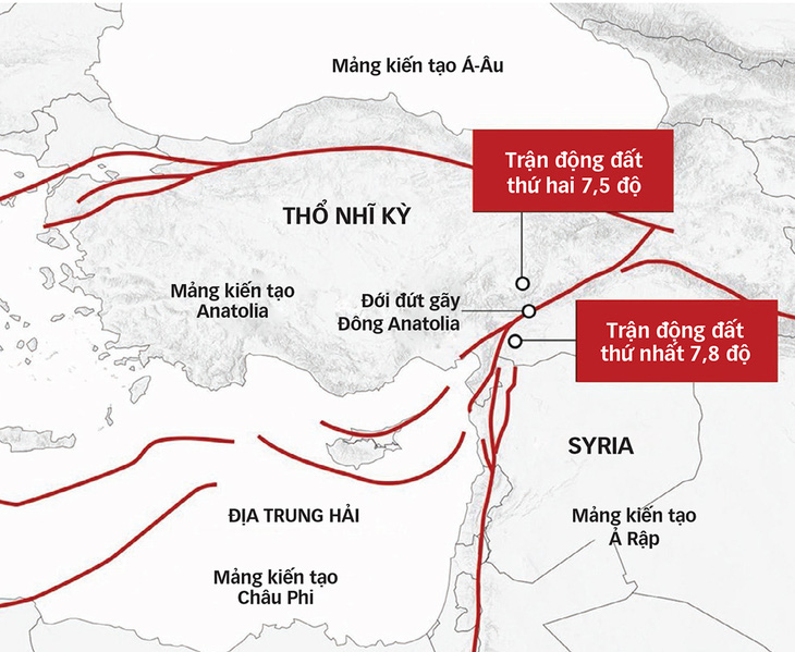 Các đới đứt gãy và địa điểm xảy ra trận động đất. Ảnh: Cơ quan Khảo sát địa chất Anh