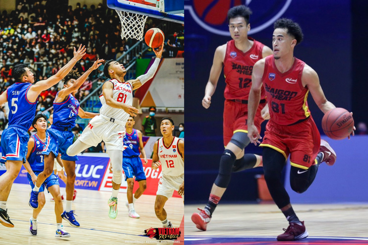 Christian Juzang (áo 81) tại SEA Games 31 (trái) và VBA 2020 - Ảnh: VBA