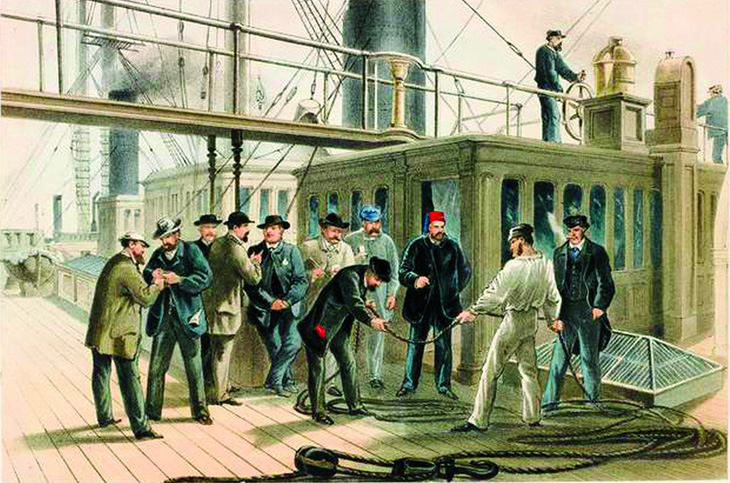 “Tìm lỗi” (cảnh trên tàu đặt tuyến cáp điện tín xuyên Đại Tây Dương đầu tiên năm 1858). Tranh màu của Robert Charles Dudley, trong bộ sưu tập của Science Museum Group.