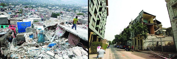 Thiệt hại từ trận động đất 7 độ Richter ở Haiti (trái), so với trận động đất 8,8 độ Richter ở Chile. Ảnh: AP, EPA