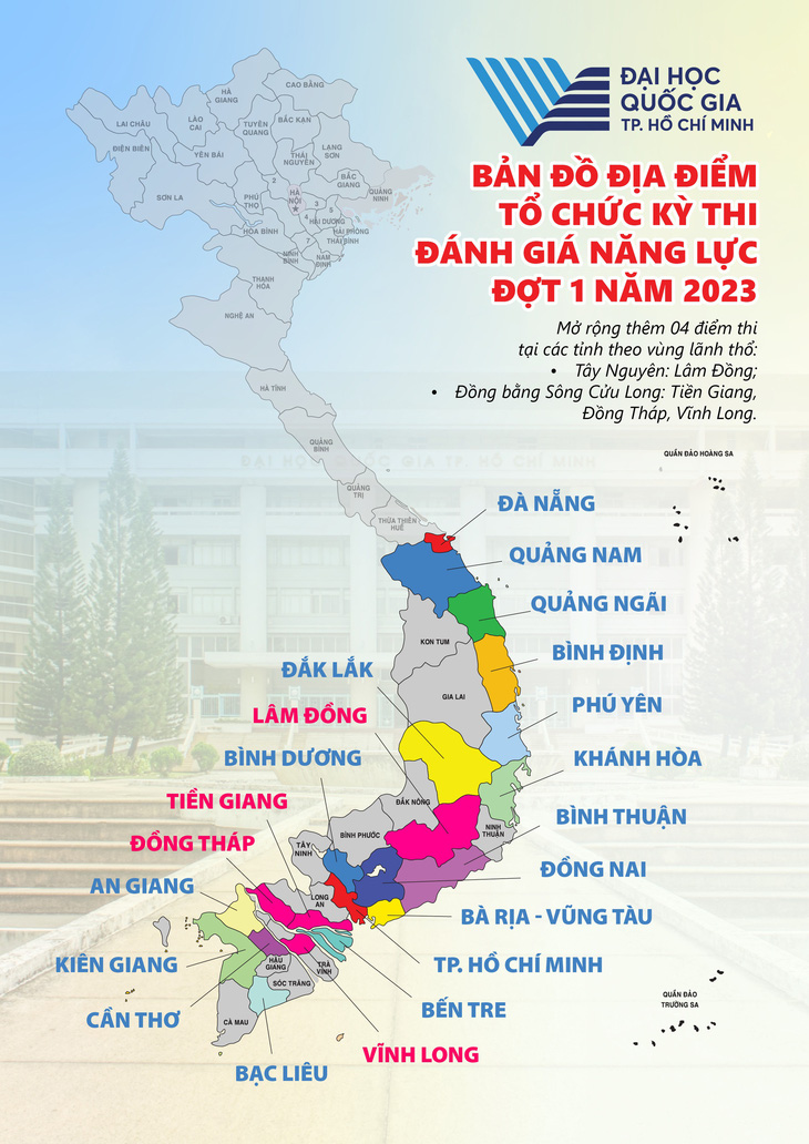 Các điểm thi đánh giá năng lực đợt 1-2023 của ĐH Quốc gia TP.HCM trải rộng ở 21 tỉnh, thành phía Nam - Đồ hoạ: ĐH Quốc gia TP.HCM