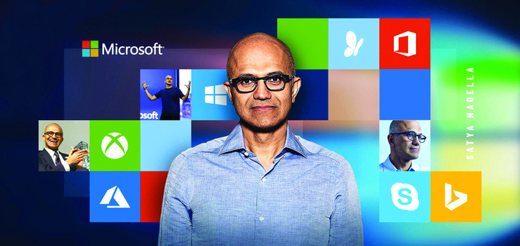 CEO Microsoft Satya Nadella, một trong các lãnh đạo kín tiếng bậc nhất làng công nghệ, và các sản phẩm chủ chốt của Microsoft. Ảnh: boldbusiness.com