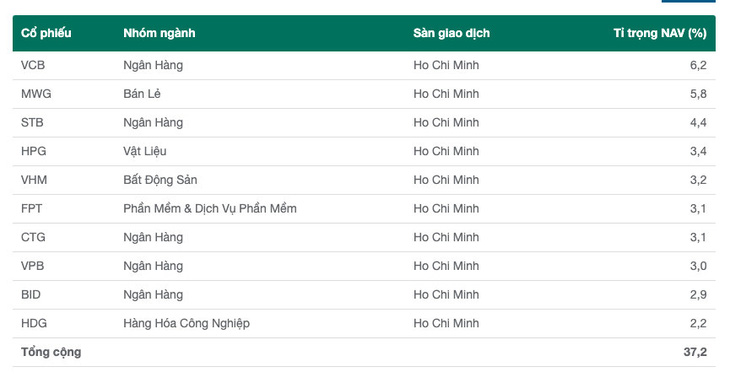 10 khoản đầu tư lớn của Quỹ đầu tư chứng khoán Năng động DC (DCDS) tính đến 31-1-2023 - Ảnh: TƯỜNG VI