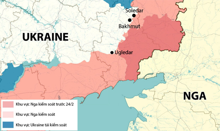 Vị trí Bakhmut và Vuhledar trên bản đồ chiến sự Ukraine - Nguồn: Washington Post - Đồ họa: T.ĐẠT