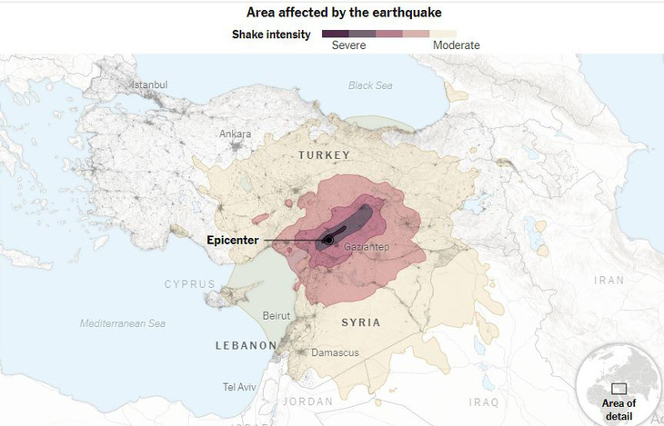 Những khu vực bị ảnh hưởng bởi động đất, với mức độ rung lắc từ vừa phải (moderate) tới nghiêm trọng (severe), ở Thổ Nhĩ Kỳ (Turkey) và Syria vào ngày 6-2. Tâm chấn của trận động đất nằm gần TP Gaziantep của Thổ Nhĩ Kỳ - Đồ họa: NEW YORK TIMES/USGS