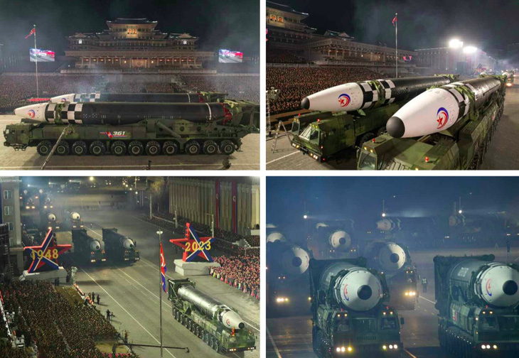 Hơn chục tên lửa Hwasong-17 diễu hành trên quảng trường Kim Nhật Thành - Ảnh: Rodong Sinmun