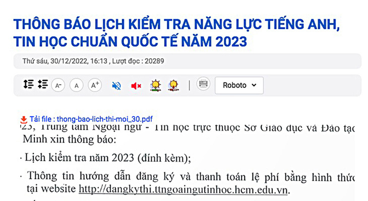 Lịch thi các chứng chỉ ngoại ngữ được Sở Giáo dục và Đào tạo công bố công khai trên website https://ttngoaingutinhoc.hcm.edu.vn - Ảnh chụp màn hình