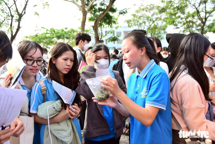 Học sinh tìm hiểu ngành học tại gian tư vấn của các trường trong chương trình tư vấn tuyển sinh - hướng nghiệp tại Trường ĐH Kiên Giang vào sáng 11-3 - Ảnh: DUYÊN PHAN