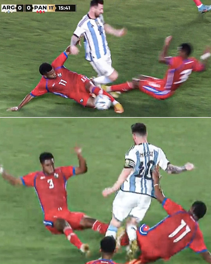 Tình huống Messi bị hai cầu thủ Panama phạm lỗi - Ảnh: Getty