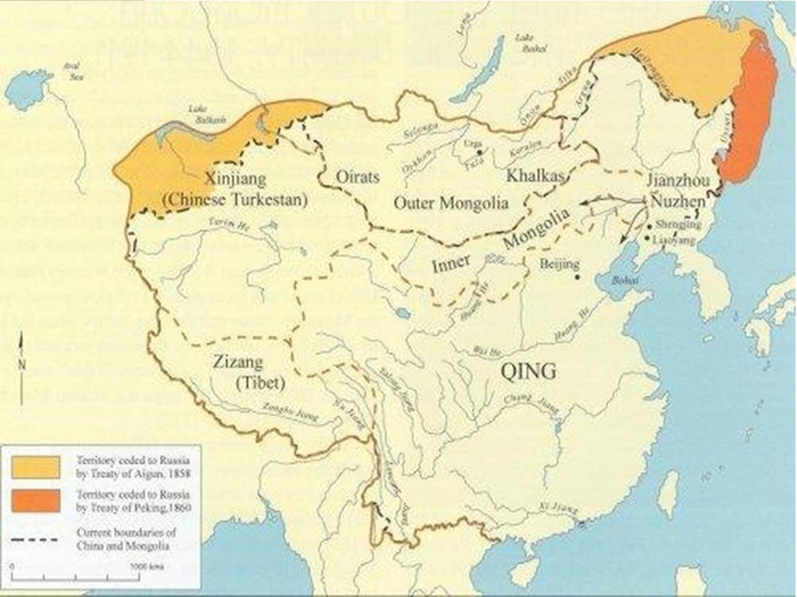 Màu vàng: Lãnh thổ Đại Thanh nhượng cho Nga năm 1858; màu cam: Lãnh thổ Đại Thanh nhượng cho Nga năm 1860, theo các hiệp ước bất bình đẳng. Ảnh: China - Relations and Future Dynamics 