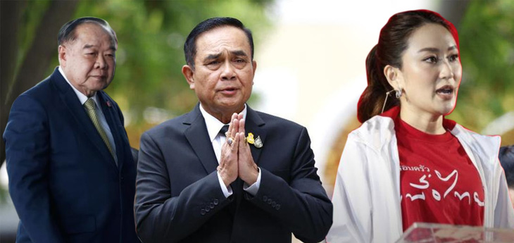 Hai đối thủ của Thủ tướng Thái Lan Prayuth Chan-ocha là ông Prawit Wongsuwan (trái) và bà Paetongtarn Shinawatra (phải) - Ảnh: Xinhua/Reuters/Thai PBS World