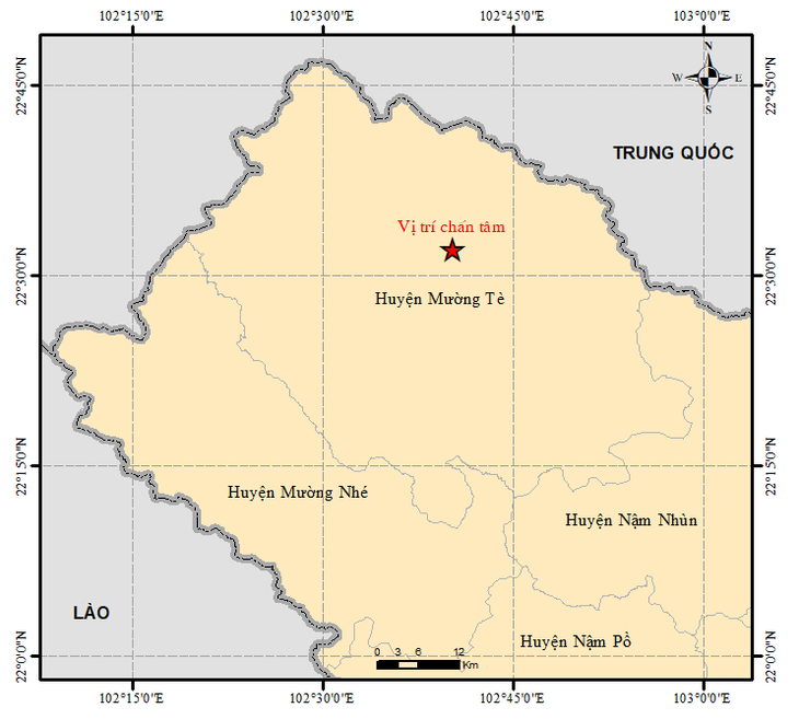 Vị trí tâm chấn trận động đất tại Mường Tè, Lai Châu sáng 3-3 - Ảnh: Viện Vật lý địa cầu