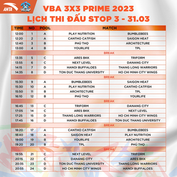 Lịch thi đấu VBA 3x3 Men U20 ngày 31-3 - Ảnh: VBA