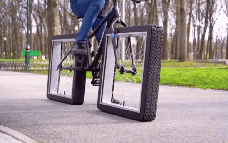 Xe đạp độc lạ: Bánh vuông vẫn đi được, không cần chân chống