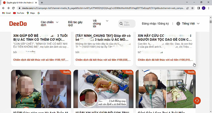 Trên website của Deeda đăng hàng loạt bài viết kèm hình ảnh thương tâm của người bệnh phục vụ cho chiến dịch gây quỹ - Ảnh cắt từ website Deeda