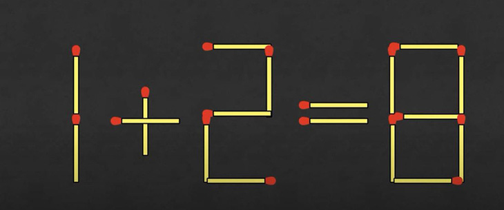 Di chuyển 1 que diêm để phép tính 1+2=8 thành đúng - Ảnh 1.