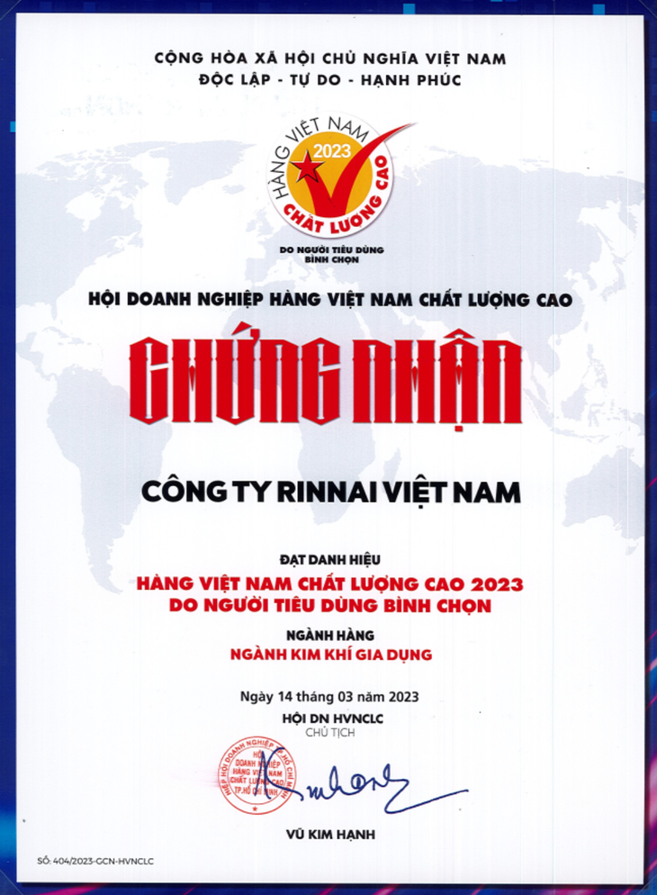 Rinnai tiếp tục nhận chứng nhận Hàng Việt Nam chất lượng cao trong 23 năm liên tiếp