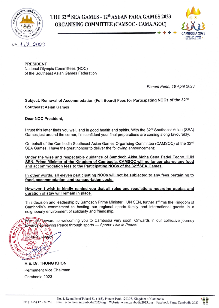 Bức thư do phía Campuchia đăng tải khẳng định việc không thu phí ăn ở, đi lại với các đoàn dự SEA Games 32 - Ảnh: CAMSOC