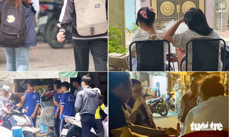 Cảnh thường thấy bên ngoài cổng một số trường học ở Hà Nội và TP.HCM, học sinh rời trường trên tay là thuốc lá điện tử - “vật bất ly thân” - Ảnh: NGUYÊN BẢO - NGỌC PHƯỢNG