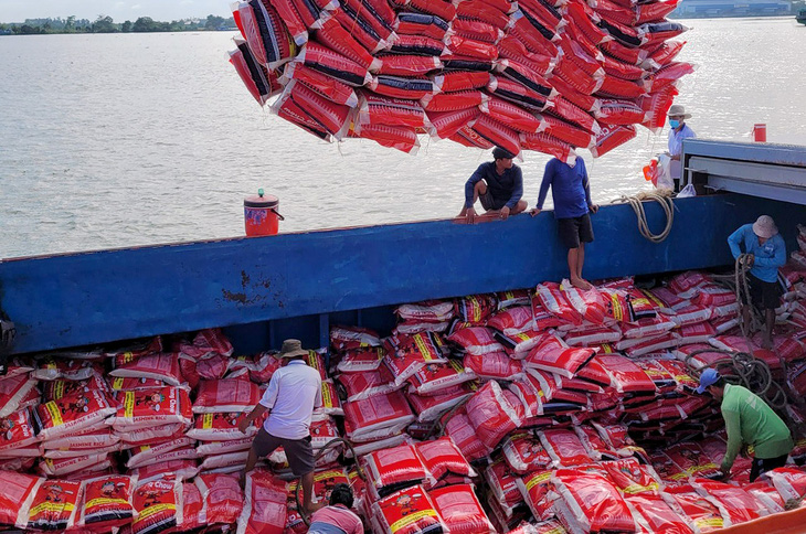 Công nhân cảng Mỹ Thới, TP Long Xuyên, An Giang đưa gạo lên tàu  xuất khẩu - Ảnh: BỬU ĐẤU