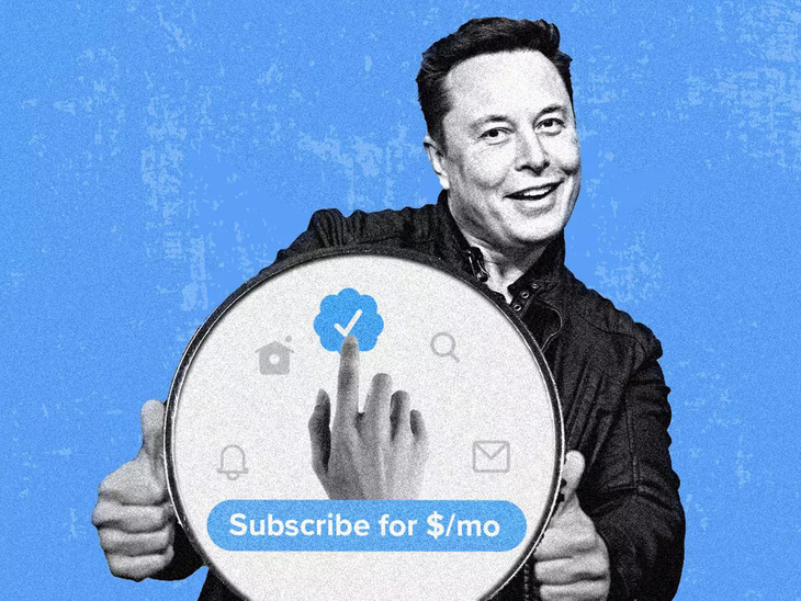 Hình minh họa tỉ phú Elon Musk và biểu tượng đăng ký Twitter Blue - Ảnh: TIMES OF INDIA