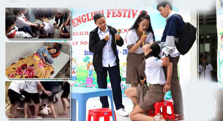 Học sinh Trường THCS - THPT Diên Hồng (Q.10, TP.HCM) diễn kịch lên án hành vi bạo lực học đường (ảnh lớn) và hình ảnh bạo lực học đường xuất hiện nhan nhản trên mạng - Ảnh: Như Hùng