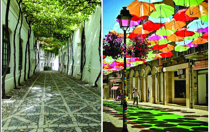 Hai bức ảnh ở Tây Ban Nha về cách các thành phố tạo không gian có bóng râm cho người dân. Ảnh trái là giàn dây leo ở Jerez và ảnh phải là lối đi che dù ở Barcelona. Bạn có muốn đi bộ ở đây không? Ảnh: Earthbound