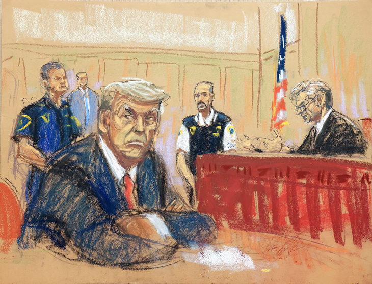 Tranh minh họa cảnh ông Trump tại phiên buộc tội ngày 4-4 - Ảnh: REUTERS
