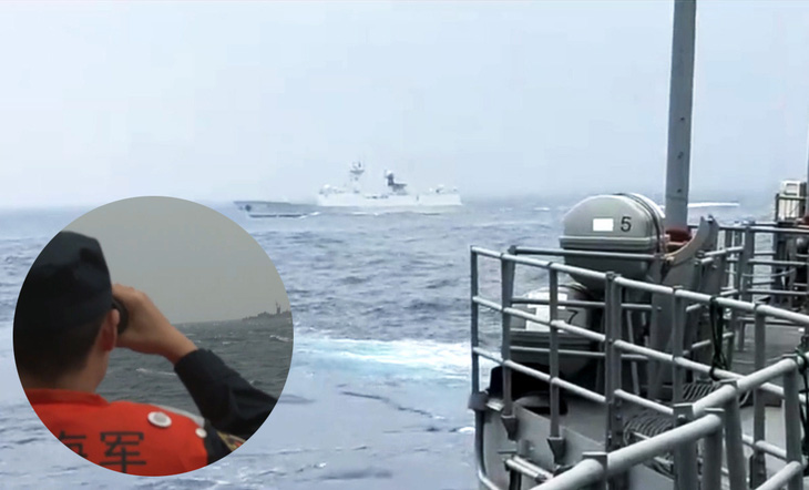 Tàu chiến Đài Loan đeo bám tàu chiến Trung Quốc và một quân nhân Trung Quốc theo dõi tàu chiến Đài Loan trong hình ảnh trích từ các video clip do hai bên công bố ngày 9-4 - Ảnh: Cơ quan Phòng vệ Đài Loan, Tân Hoa xã