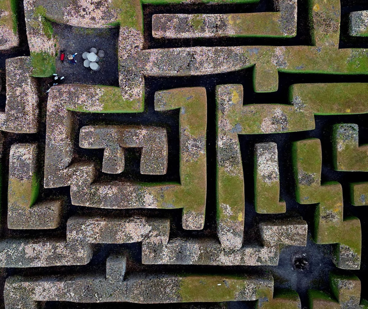 Một số người đang tìm lối đi qua mê cung Traquair, mê cung bằng cây lớn nhất ở Scotland với diện tích hơn 2.000 m2 được tạo ra từ năm 1981 và là cảnh quay quen thuộc trong nhiều bộ phim cũng như quảng cáo. Ảnh chụp hôm 28-4. (Reuters)
