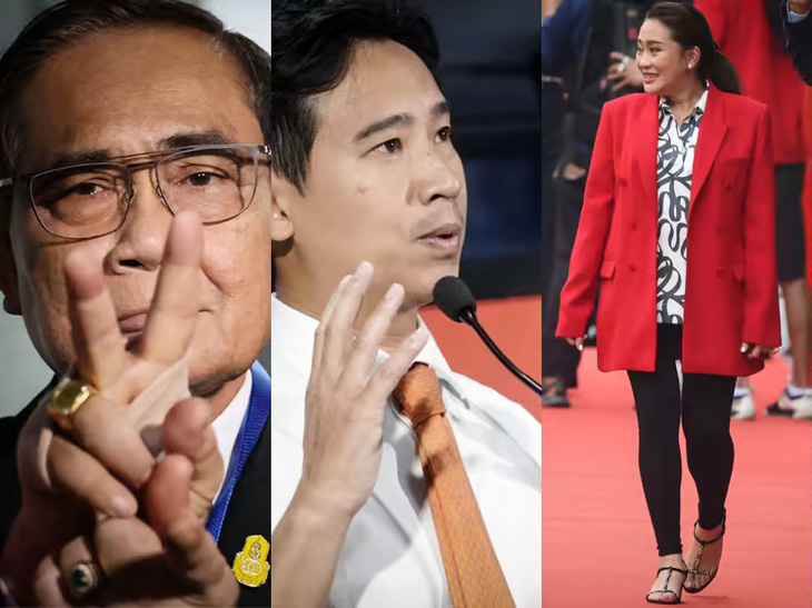 Các ứng viên sáng giá nhất cho vị trí thủ tướng Thái Lan: (từ trái qua) đương kim Thủ tướng Prayut Chan-o-cha, tỉ phú Pita Limjaroenrat và bà Paetongtarn Shinawatra - Ảnh: NIKKEI ASIA