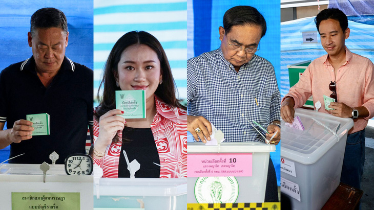 Các ứng cử viên chính cho vị trí thủ tướng Thái Lan đi bỏ phiếu trong cuộc tổng tuyển cử. Trong đó có bà Paetongtarn Shinawatra (con gái của cựu thủ tướng Thái Lan Thaksin Shinawatra và là thành viên Đảng Vì nước Thái - Pheu Thai) và đương kim Thủ tướng Thái Lan Prayut Chan-o-cha (thành viên Đảng Quốc gia Thái Lan thống nhất - United Thai Nation) - Ảnh: NIKKEI ASIA