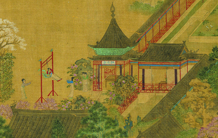 Trích đoạn bức tranh Thanh minh thượng hà đồ, vẽ cảnh đánh đu bên sông vào tiết Thanh minh, họa sĩ Trương Trạch Đoan vẽ đời nhà Tống.
