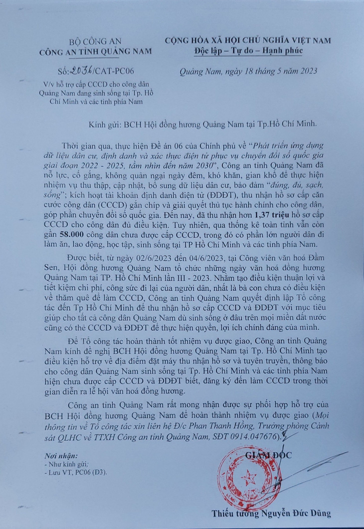 Công văn của công an tỉnh Quảng Nam hỗ trợ cấp căn cước công dân cho công dân tỉnh này đang sinh sống tại TP.HCM và các tỉnh phía Nam - Ảnh: Công an Quảng Nam